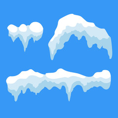 Snow ice icicle set Winter design. White blue snow template. Snowy frame decoration isolated on blue background. Cartoon style. Christmas, New Year frozen ice texture Vector illustration