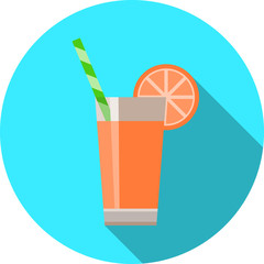 Round icon of a glass of fresh juice with an orange slice and a straw. Icon of fruit cocktail
