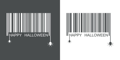 Icono plano codigo de barras HAPPY HALLOWEEN y arañas gris y blanco