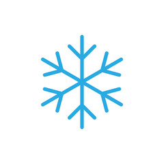 Snowflake icon. Blue silhouette snow flake sign, isolated on white background. Flat design. Symbol of winter, frozen, Christmas, New Year holiday. Graphic element decoration. Vector illustration