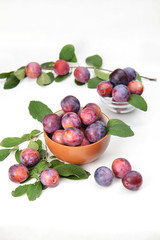 Naklejka na ściany i meble Juicy plums in a bowl on a white background.