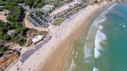 Aerial. Beach strip at Olhos de Agua, Albufeira.