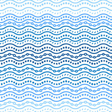 Blue geometric ornamental doodle waves seamless pattern, vector