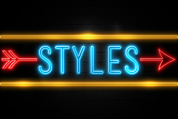 Styles  - fluorescent Neon Sign on brickwall Front view