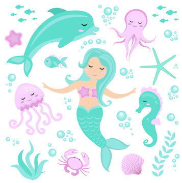 Cute set Little mermaid and underwater world. Fairytale princess mermaid and dolphin, octopus, seahorse, fish, jellyfish. Under water in the sea mythical marine collection