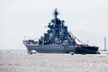 A line of modern russian military naval battleships warships in the row, northern fleet and baltic...