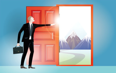 Businessmen and open door, representing the opportunities and success in career. Business concept illustration