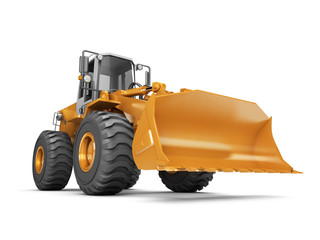 Yellow hydraulic loader isolated on white background. 3D illustration. wide angle. front side view