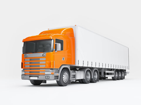 Logistics concept. Cargo truck transporting goods isolated on white background. Front perspective view. 3D illustration