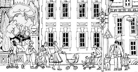 Parents with school age kids and pushchairs on the town street. Doodle. 