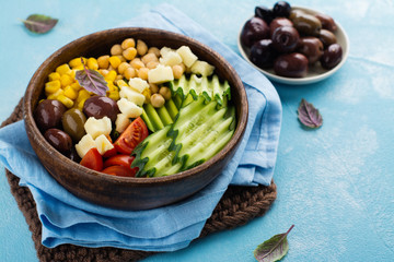 Raw food diet or clean eating concept. Fresh summer vegetarian meal. Space for text