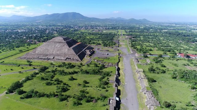 Aerial view of pyramids in ancient mesoamerican city of Teotihuacan, Pyramid of the Sun, Valley of Mexico from above, Central America, 4k UHD
