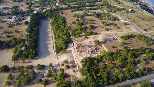 Aerial drone video of the stadium and theater of ancient Acropolis of Rhodes island, Dodecanese, Aegean, Greece