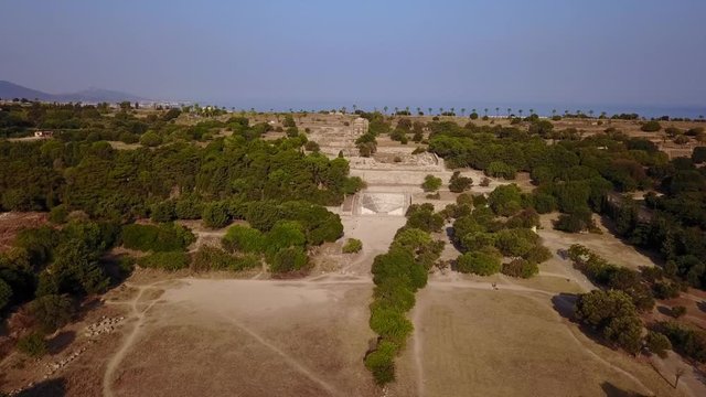 Aerial drone video of the stadium and theater of ancient Acropolis of Rhodes island, Dodecanese, Aegean, Greece