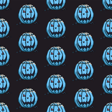 Pretty colorful seamless halloween pattern made of hand drawn blue pumpkins.