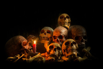 Genocides, Stacked human skulls at the Killing Fields, Sepia Tone, , Still life image