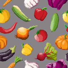 Seamless pattern of vector pixel vegetables on black