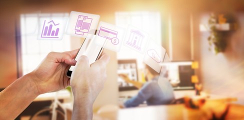 Composite image of close-up of cropped hands holding phone