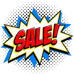 Verkaufsanhänger im Comic-Stil. Web-Banner für den roten Verkauf. Pop-Art-Comic-Verkaufsrabatt-Werbebanner. Großer Verkaufshintergrund. Dekorativer Hintergrund mit Sprengstoff. Knallform im Comic-Pop-Art-Stil auf Halbton © ✦ Bizarre Factory ✦