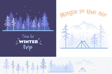 Collection of two outlined illustrations in blue colours. Outlined winter set may be used in mobile, web desig, also for print