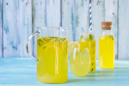 Lemon juice on a blue background