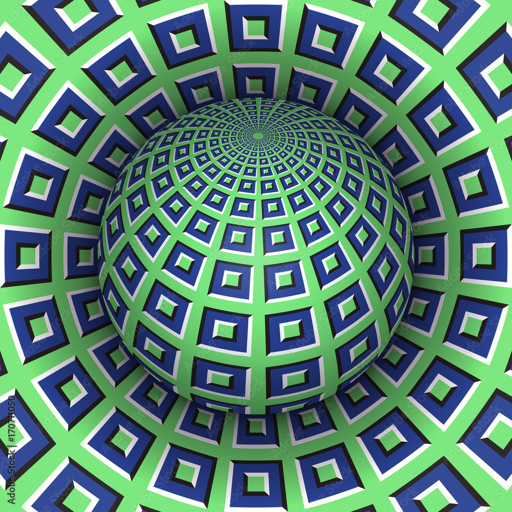 Aufkleber optical illusion vector illustration. checkered sphere soaring above the hole. green blue patterned 