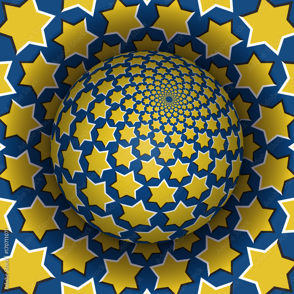 Aufkleber optical illusion vector illustration. starry sphere soaring above the surface. yellow blue patterned