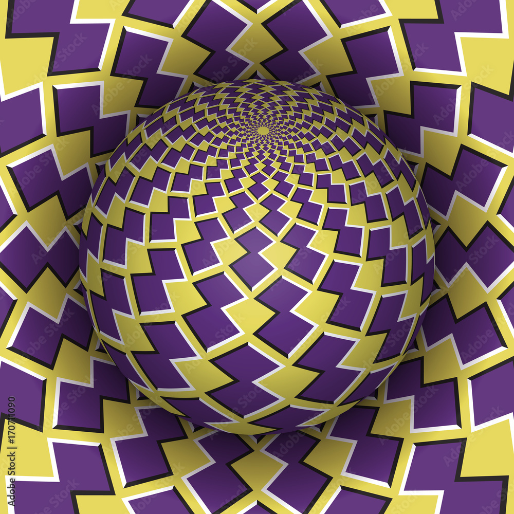 Aufkleber optical illusion vector illustration. checkered sphere soaring above the hole. yellow purple pattern