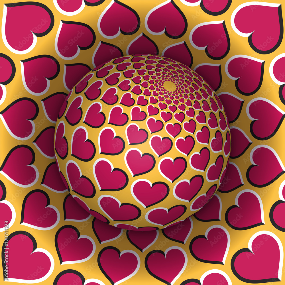 Aufkleber optical illusion vector illustration. sphere soaring above the hole. pink yellow hearts patterned ob