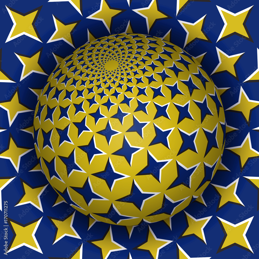Aufkleber optical illusion vector illustration. starry sphere soaring above the surface. blue yellow patterned