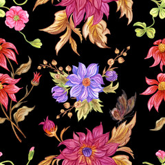 Seamless pattern from dahlias on a black background, watercolor hand drawing.