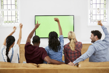 Group Of Young Friends Watching Sports On Television And Cheering