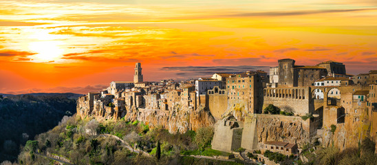 Medieval Pitigliano town over tuff rocks in province of Grosseto, Tuscany, Italy