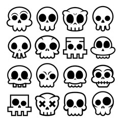 Halloween vector cartoon skull icons, Mexican cute sugar skulls design set, Dia de los Muertos
