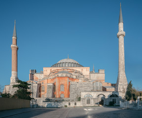 Fototapeta na wymiar Panoramic view of Hagia Sophia, Christian patriarchal basilica, imperial mosque and now a museum (Ayasofya in Turkish), Istanbul, Turkey