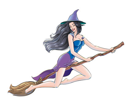 Sexual witch flies on a broomstick. Girl in a Christmas Spellbound Witch Costume, sign Happy Halloween party, All Saints' Eve. Sorceress for the banners design, cards, posters. Isolated vector
