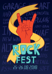 Poster for rock music festival. Hand in rock n roll sign, rock gesture. Vector illustration.