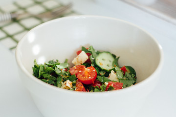Tomatoes, cucumbers, greens and tofu salad bowl. Closeup food image