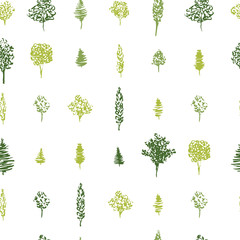 Obraz na płótnie Canvas Green tree pattern seamless for fabric design. Pattern of hand drawn ink green trees. Vector illustration of different forest trees in geometric repeating