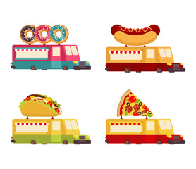 Naklejka premium Car food truck set. Fast food car collection. taco and hot dog. Pizza and donuts. Vector illustration