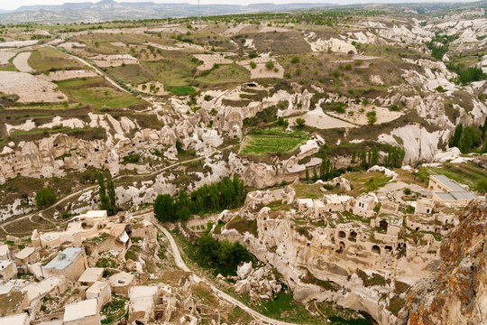 View of Ortakisar from the top of the castle Ortakisar. Cappadocia