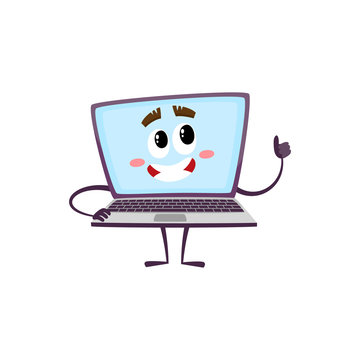 vector flat cartoon funny laptop humanized male character with arms, legs and face showing thumbs up smiling . Isolated illustration on a white background.