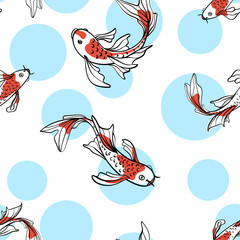 Seamless oriental pattern with Japanese carps koi. A symbol of good luck. Asian background, vector illustration. Natural fabric print design.