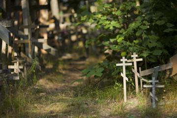 Obraz premium Grabarka, Poland - August 12, 2017: Orthodox crosses brought by pilgrims to the Holy Mount of Grabarka. Podlaskie Voivodeship. Polish Orthodox pilgrimage center.