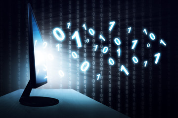 technology concept, binary code out from monitor screen