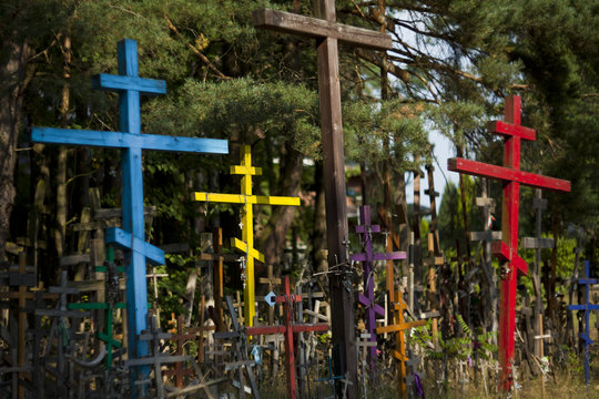 Grabarka, Poland - August 12, 2017: Orthodox crosses brought by pilgrims to the Holy Mount of Grabarka. Podlaskie Voivodeship. Polish Orthodox pilgrimage center.