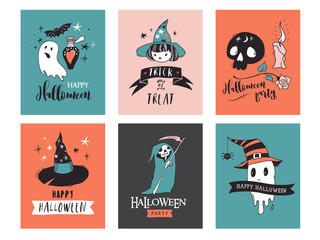 Halloween party, hand drawn modern cards, illustrations set
