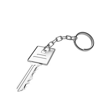 Silver key with key chain isolated on white. 3D illustration