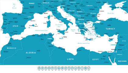 Fototapeta premium Mapa Morza Śródziemnego - ilustracji wektorowych