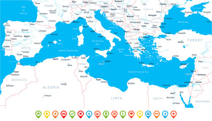 Fototapeta premium Mediterranean sea Map - Vector Illustration